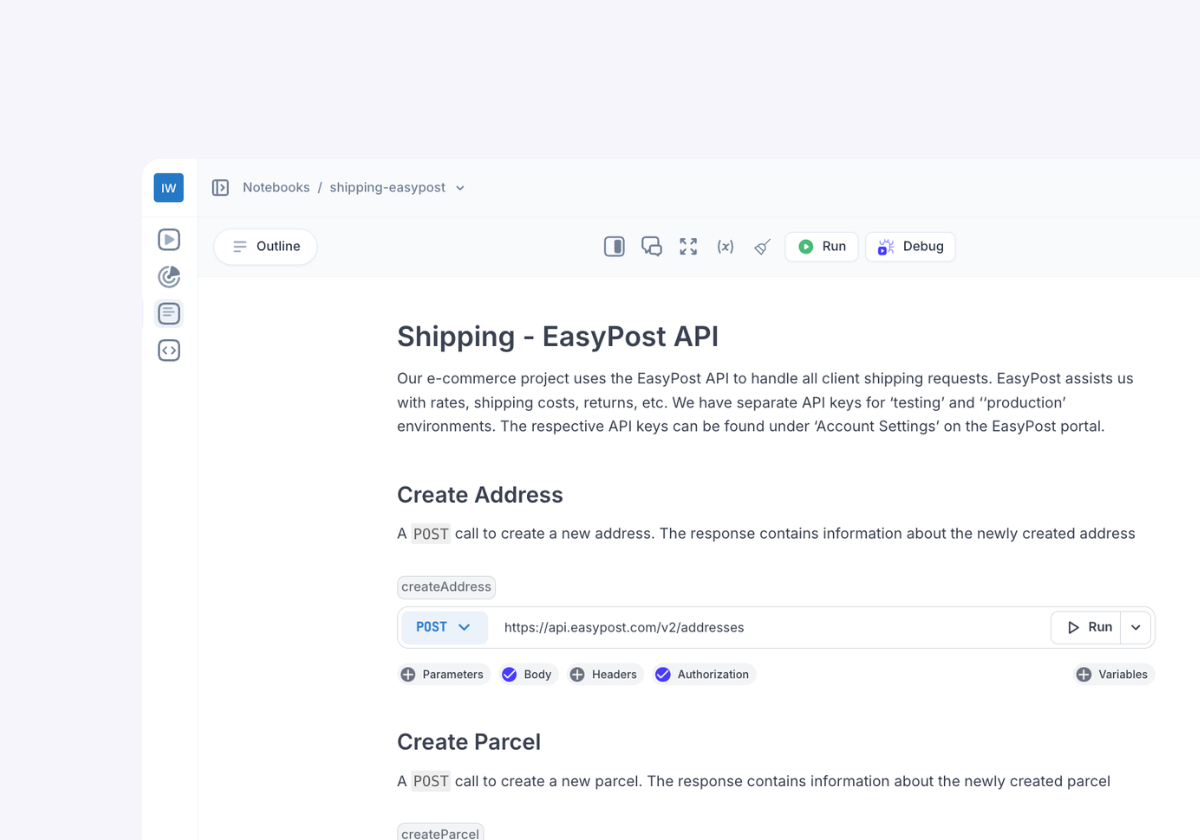 Live documentation with real API calls, code, and visualizations